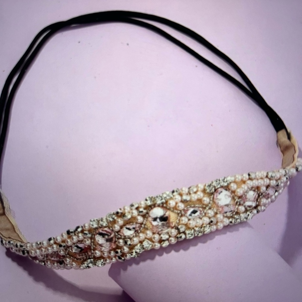 Faux pearl and rhinestone elastic headband